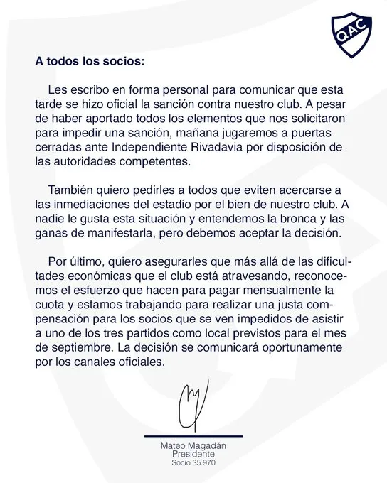 Ascenso, Quilmes, a puertas cerradas