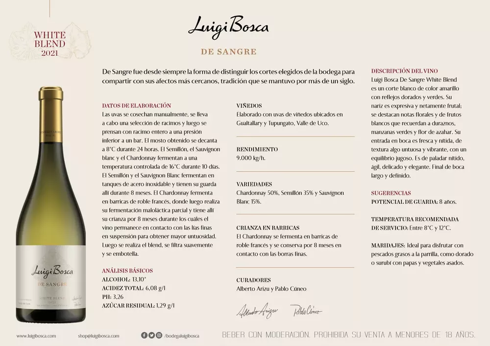 Ficha técnica - Luigi Bosca De Sangre White Blend 2021