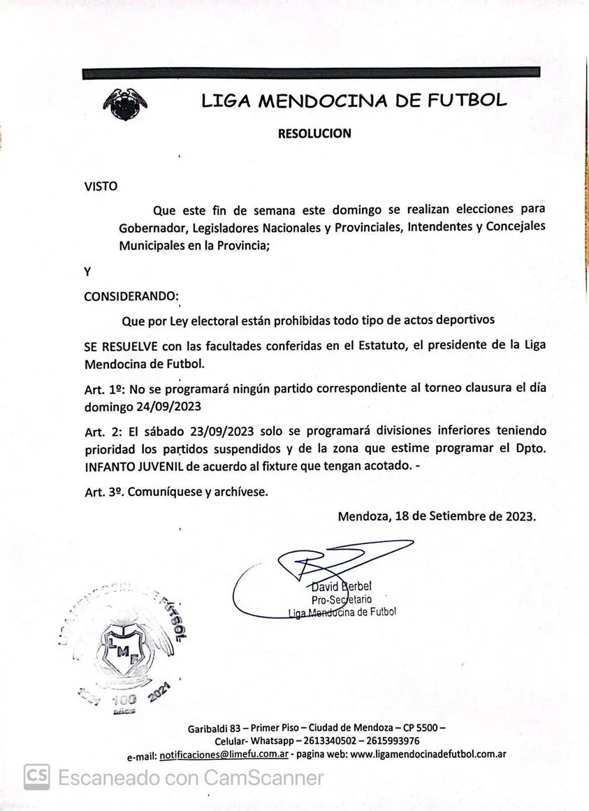 Liga Mendocina, Resoluciòn