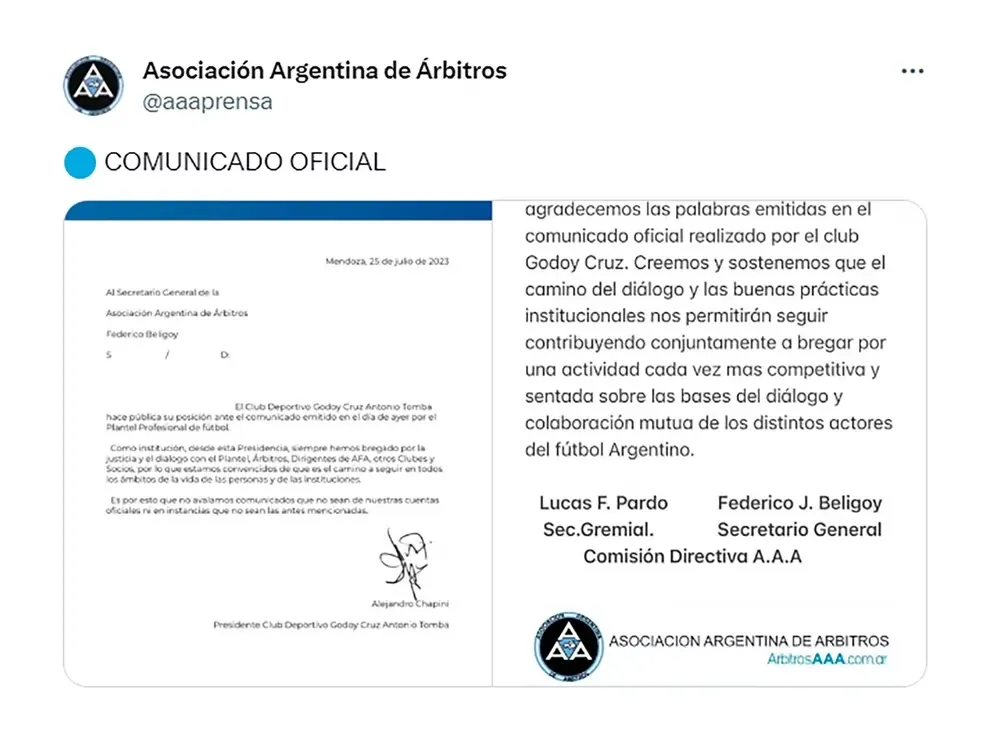 Arbitros, comunicado oficial