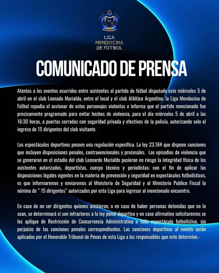 Liga Mendocina de Futbol, comunicado de prensa