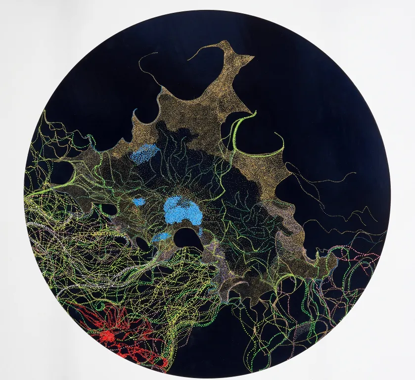 Las formas que me habitan VI pintura bicapa sobre madera, acrílico 3D 100 cm de diámetro 2024jpg