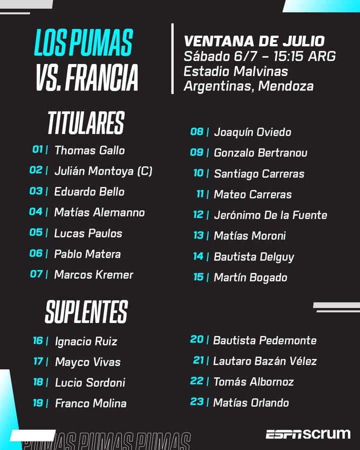 Rugby, Pumas-Francia,equipo confirmado