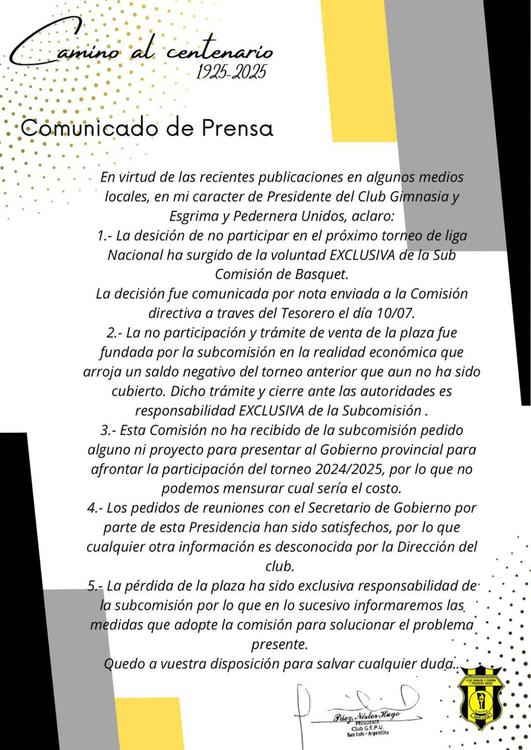 Basquet, comunicado, retiro GEPU