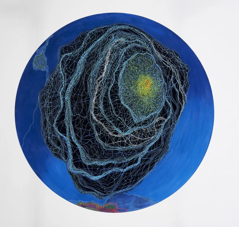 Serie Las formas que me habitan  pintura bicapa sobre madera,acrílico 3D y óleo 100 cm de diámetro 2024