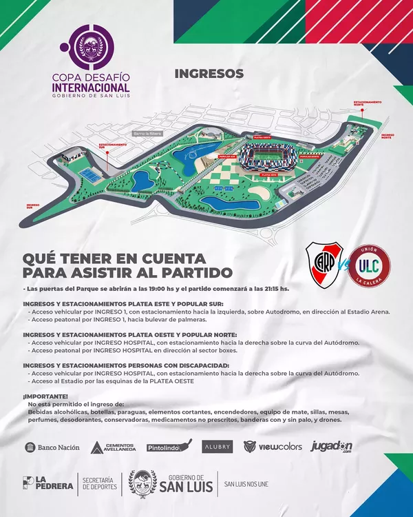 River-Unión La Calera, La Pedrera, Villa Mercedes, entrada
