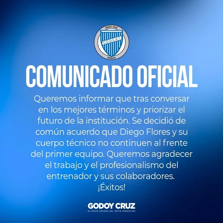 Institucional, comunicado de Godoy Cruz sobre la salida de Diego Flores