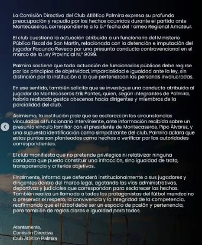 Regional, comunicado de Palmira