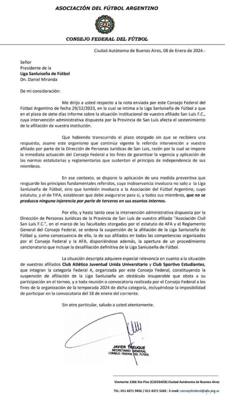 San Luis FC, comunicado