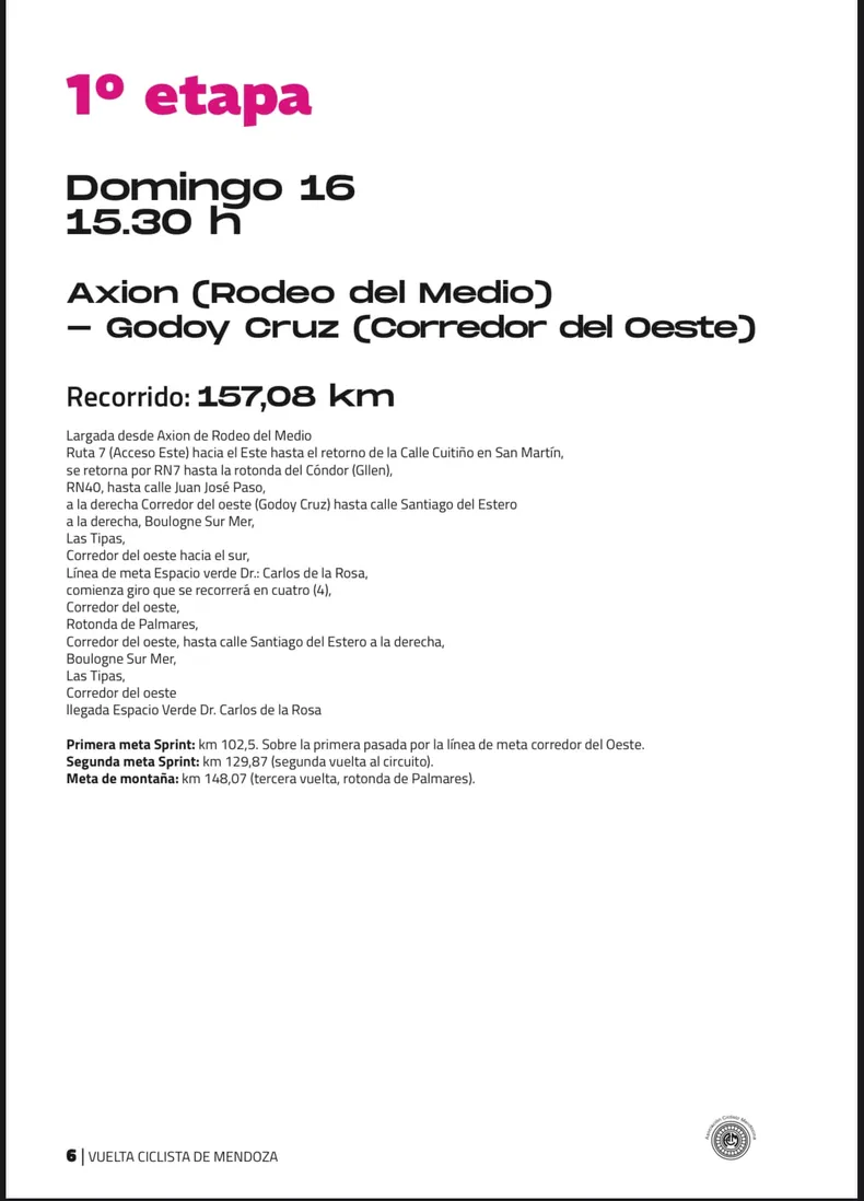 Vuelta de Mendoza, recorrido primera etapa